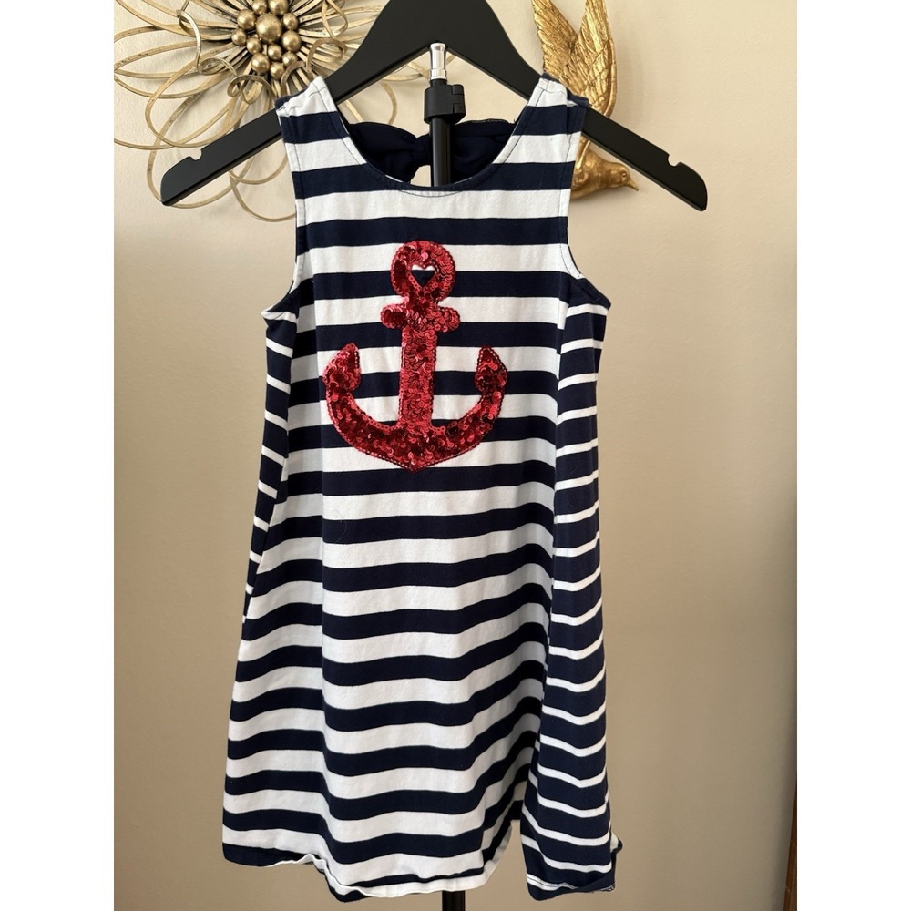 Tommy Bahama Girls 7 8 Navy Stripe Anchor‎ Sequin Bow Back Knit Dress Nautical